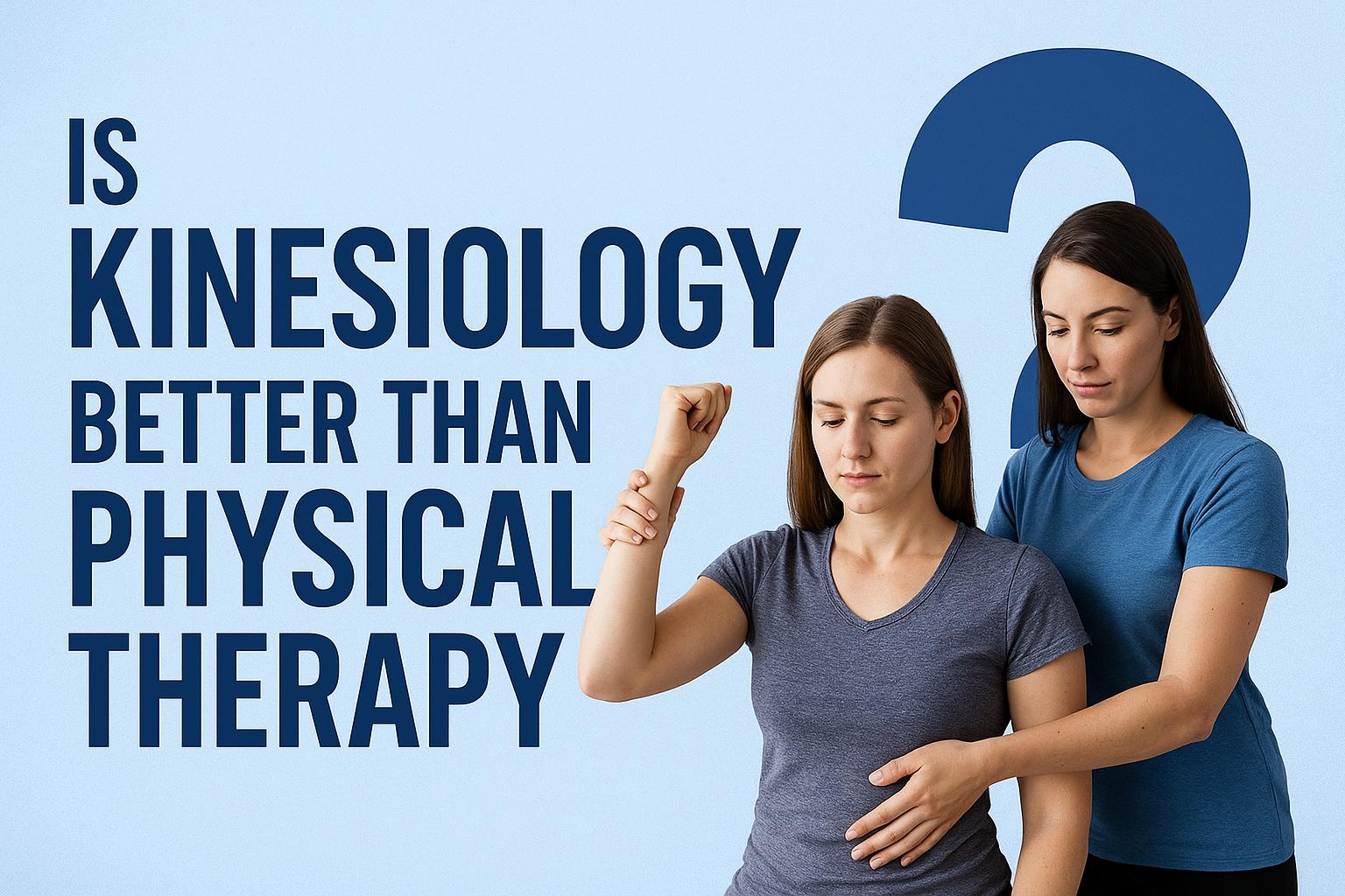 A kinesiologist helping a woman with guided arm movement beside text asking “Is Kinesiology Better Than Physical Therapy?”